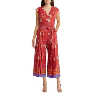 Tahari ASL Red Floral Paisley Tie Waist Pleated Culotte Wide Leg Jumpsuit Size 2